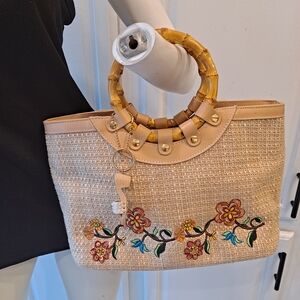 C.L. America Embroidered Sequined Straw Tote with Bamboo Handles & Leather Trim